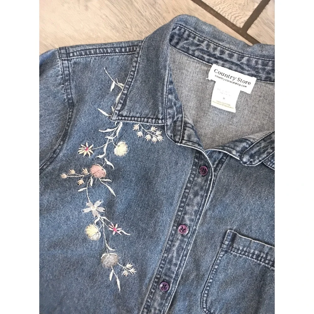 Country Store Denim Shirt Blue Floral Embroidered Button Down Cotton-M - Picture 3 of 7